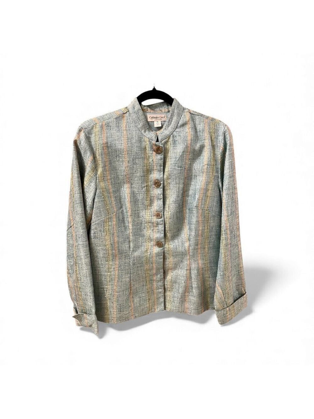 Coldwater Creek Muted Green Striped Casual Jacket, Nehru Collar, Fully Washable.